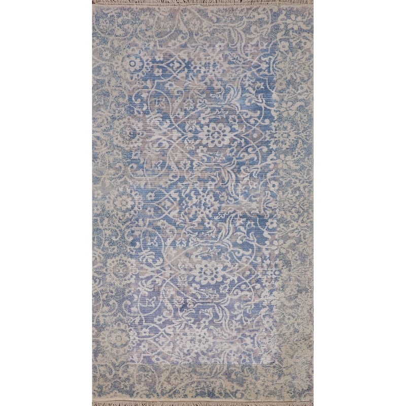 Blue Abstract Modern Accent Rug Handmade Wool Carpet - 2'8"x 5'0"