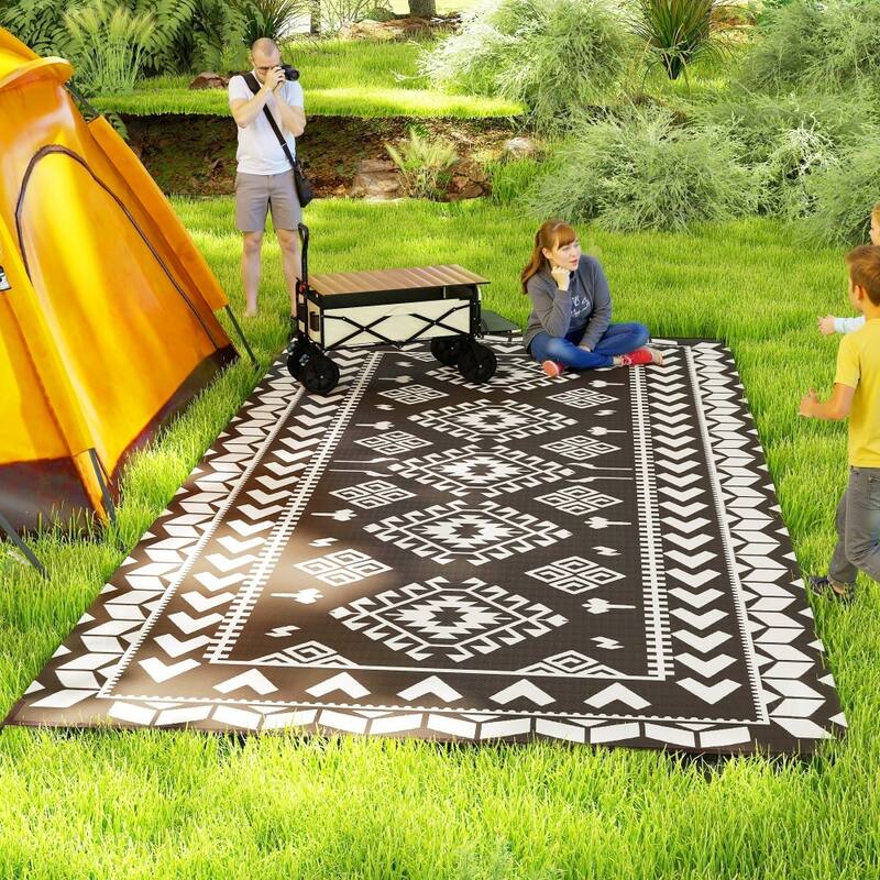 Reversible Outdoor Rug Rhombus Patchwork, UV-Protected, Foldable & Portable Polypropylene Mat - 215.7" L x 107.9" W