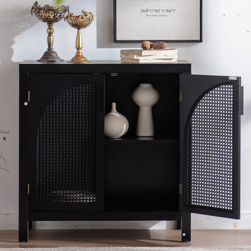 Black Accent Cabinet with Doors, Rattan Sideboard Buffet Cabinets with Storage,29 Inch Narrow Credenzas Storage Cabinet