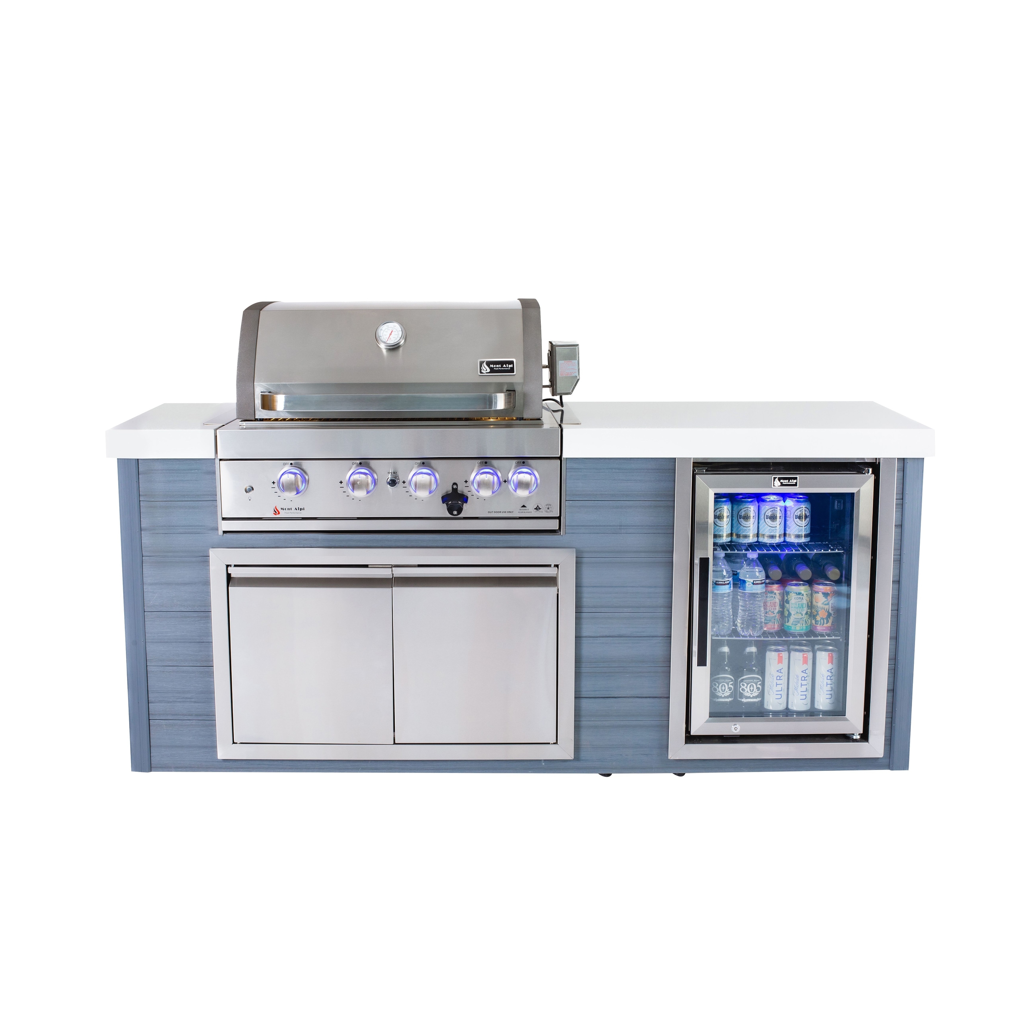 Mont Alpi 78"W All Weather HDPE Outdoor Kitchen Island with Refrigerator + 32"W Stainless Steel 4-Burner Built-in BBQ Grill