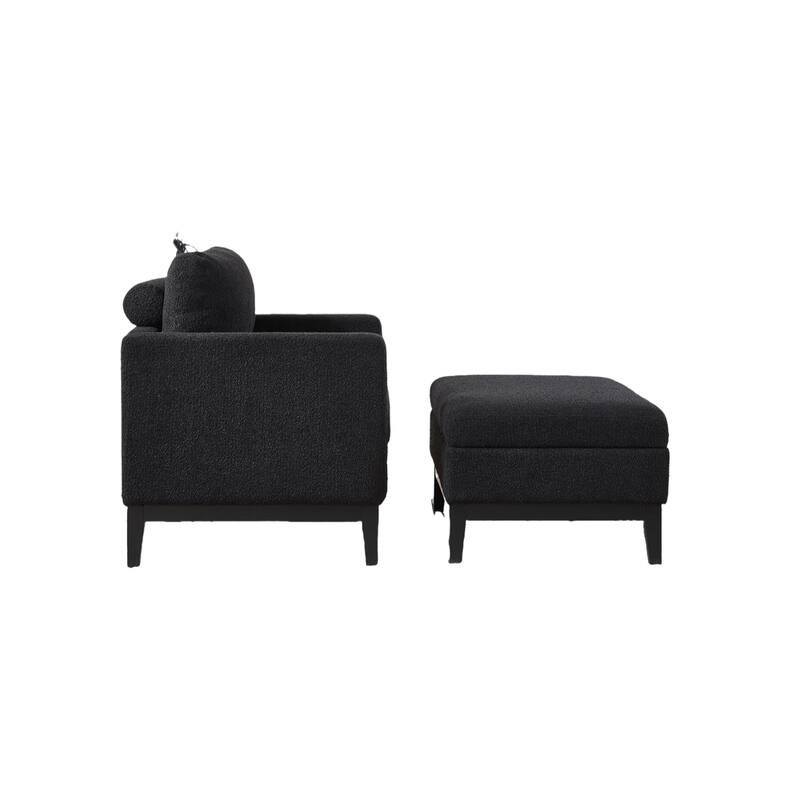 35" Farmhouse Style Boucle Single Sofa Accent Chair with Storage Footstool, Natural Wood Legs for Living Room, Office