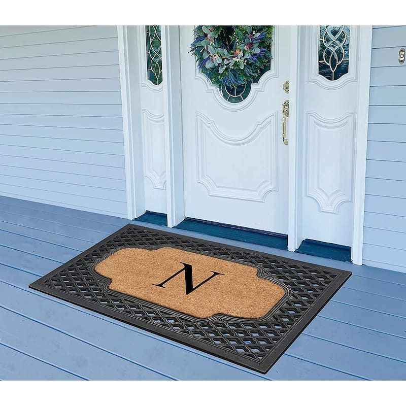 A1HC Mesh Border Rubber and Coir Large Heavy-Duty Outdoor Monogrammed Doormat, 23"X38" Black