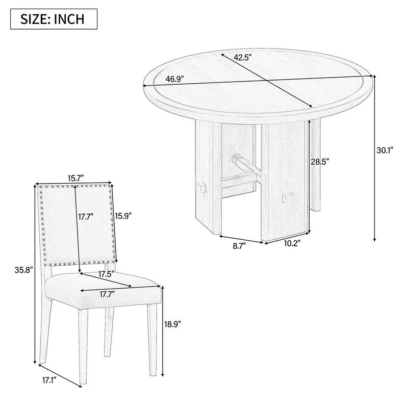 5-Piece Round Dining Table Set for 4, Kitchen Table Set with 4 Wood Upholstered Chairs for Dining Room