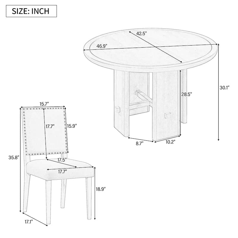 5-Piece Round Farmhouse Dining Table Set, 46.9" Wood Table with 4 Upholstered Chairs, Modern Rustic Kitchen Furniture