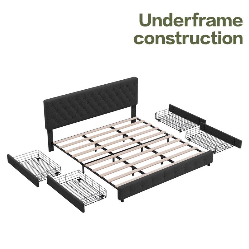 Linen Upholstered Headboard Bed Frame with Large Hidden Storage, 4 Underbed Drawers with Pulleys