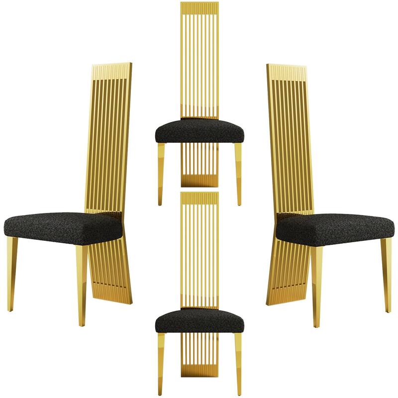 Modern Luxury Boucle Dining Chairs with High Back Design and Metal Legs - Black Gold - Set of 4