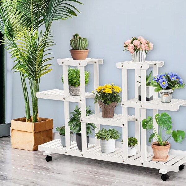4-Tier Rolling Flower Rack Wood Plant Stand Casters 12 Pots Bonsai