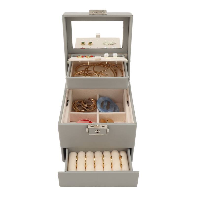 3 Layer Jewelry Box with Mirror for Women Birthday Gifts, PU Leather Jewelry Organizer Case Storage Display Holder with Drawer