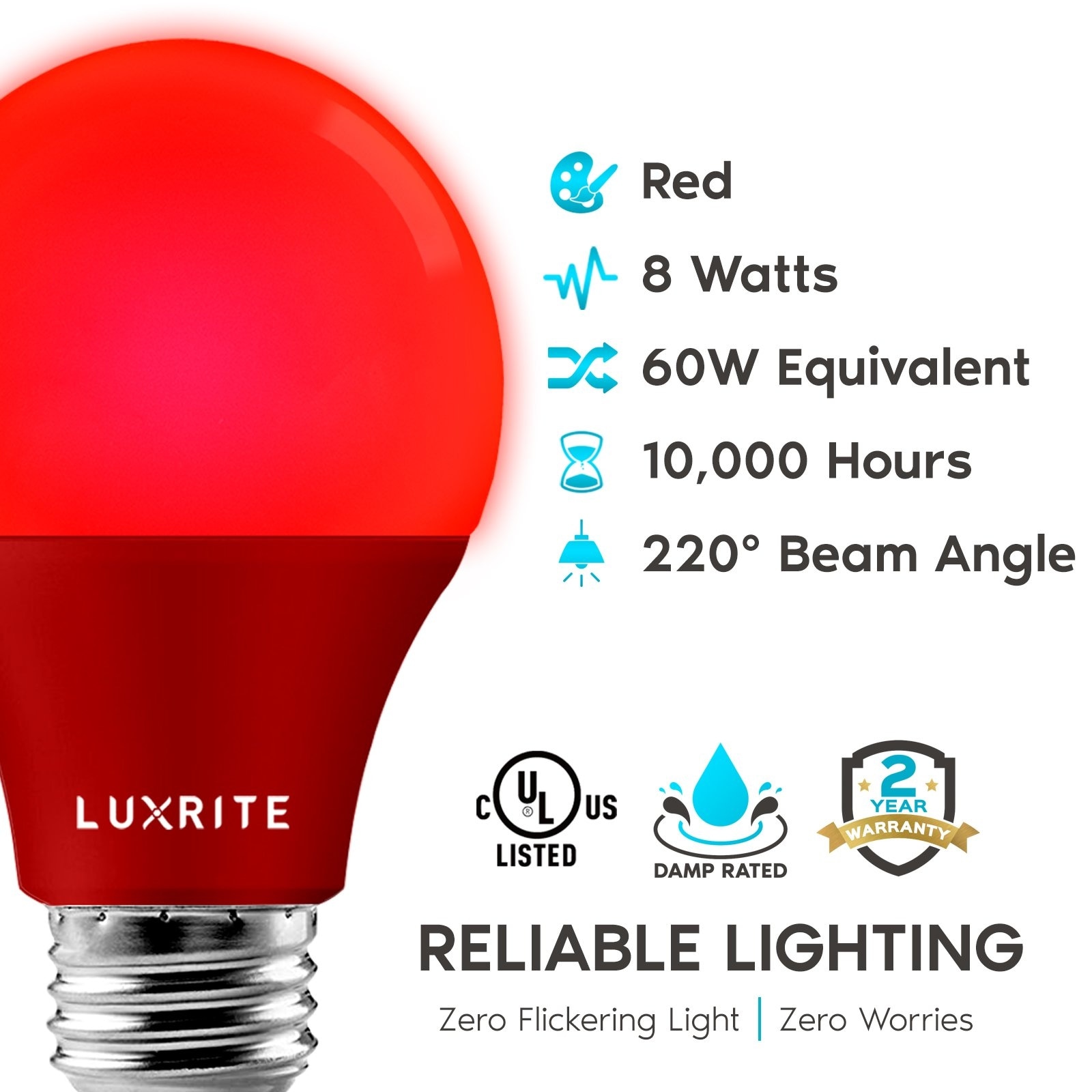 Luxrite A19 Yellow LED Bug Light Bulbs 8W Non Dimmable UL Listed