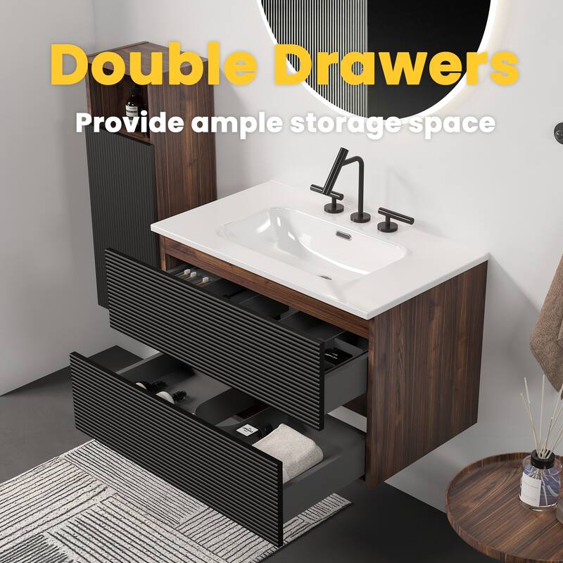 30" Wall-Mounted Bathroom Vanity with Integrated Ceramic Sink & Overflow, Large Storage Floating Cabinet