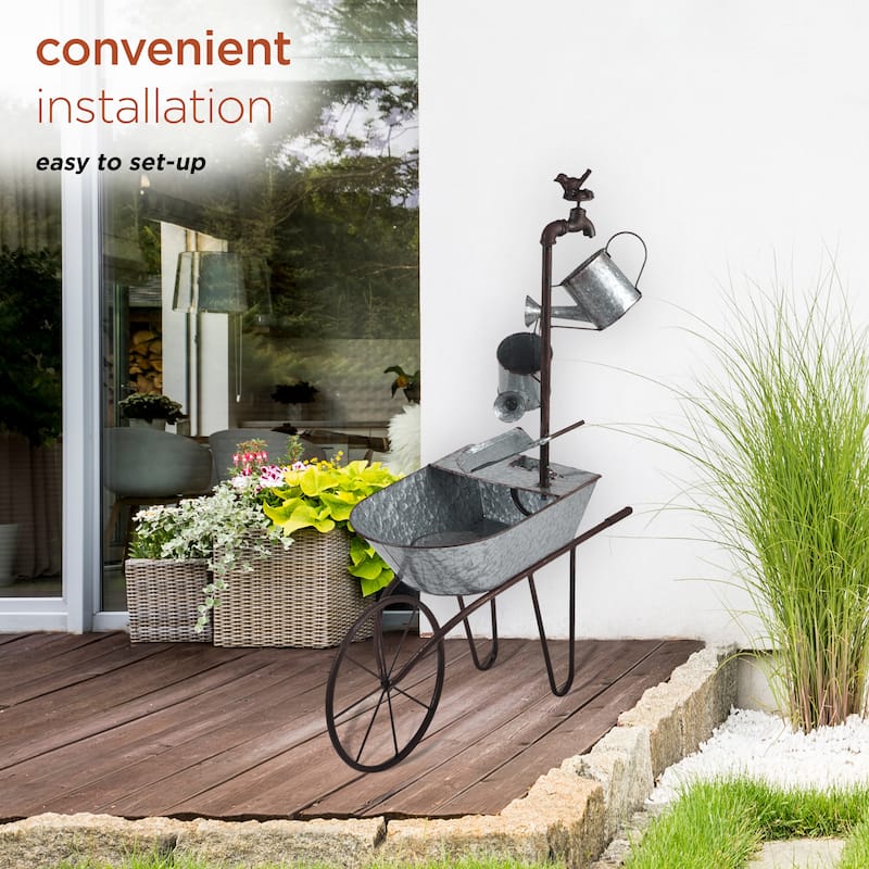 Alpine Corporation 36" Tall Rustic Wheelbarrow and Watering Can Fountain Yard Decoration