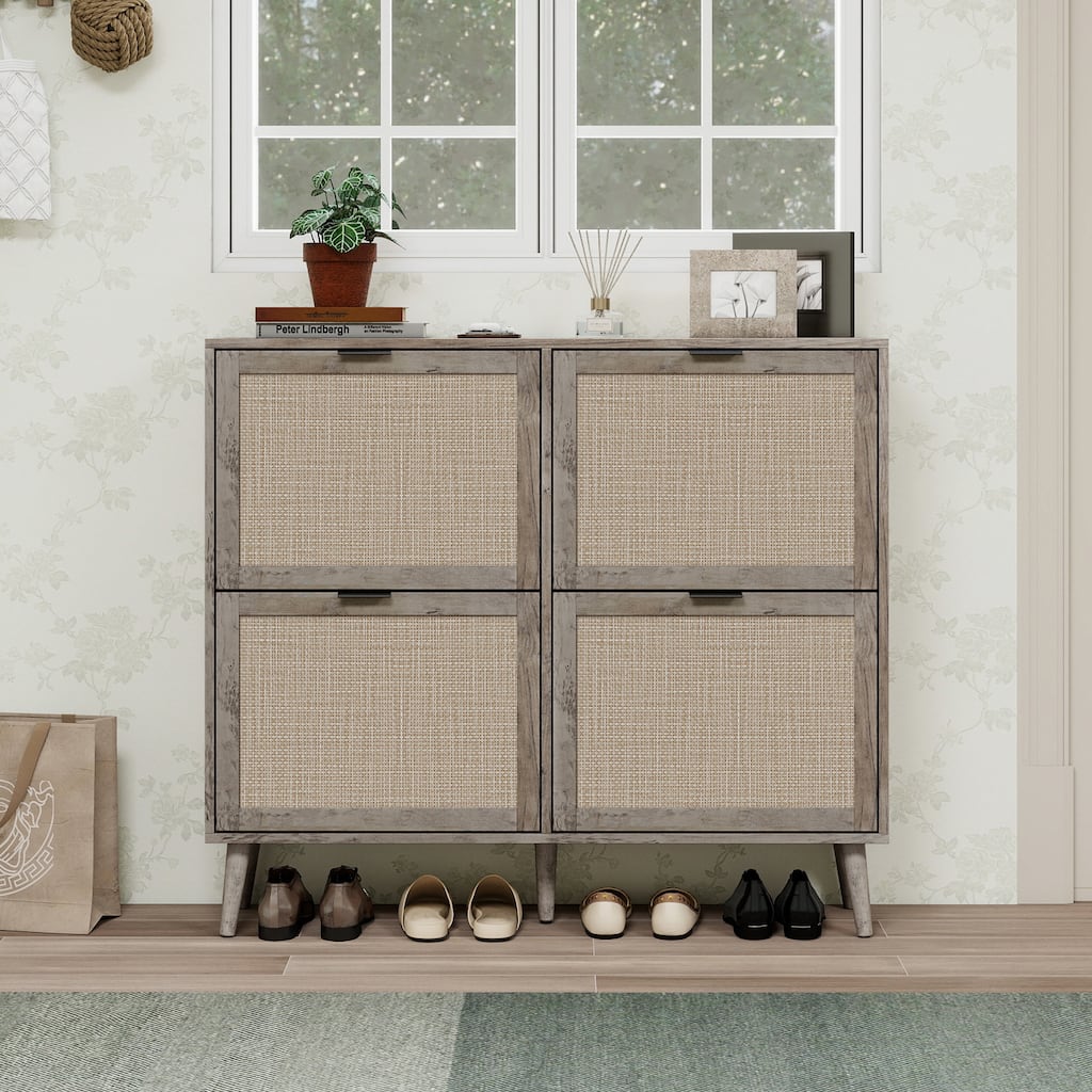 GDFStudio - Modern Engineered Rattan Shoe Storage Cabinet with 4 Doors