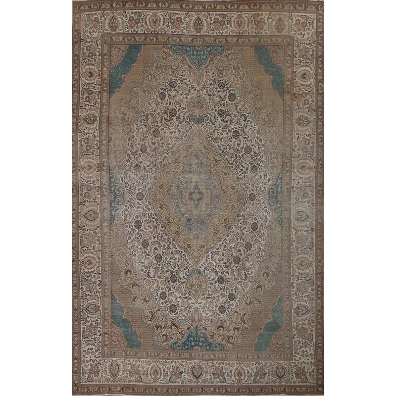 Distressed Geometric Tabriz Persian Antique Rug Handmade Wool Carpet - 9'8" x 13'5"