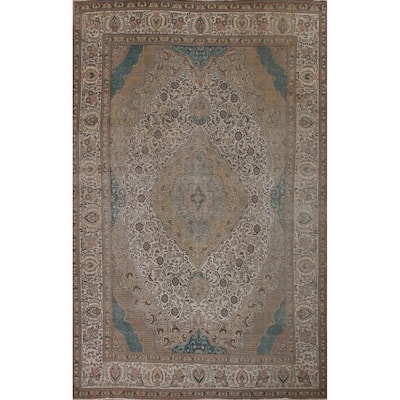 Distressed Geometric Tabriz Persian Antique Rug Handmade Wool Carpet - 9'8" x 13'5"