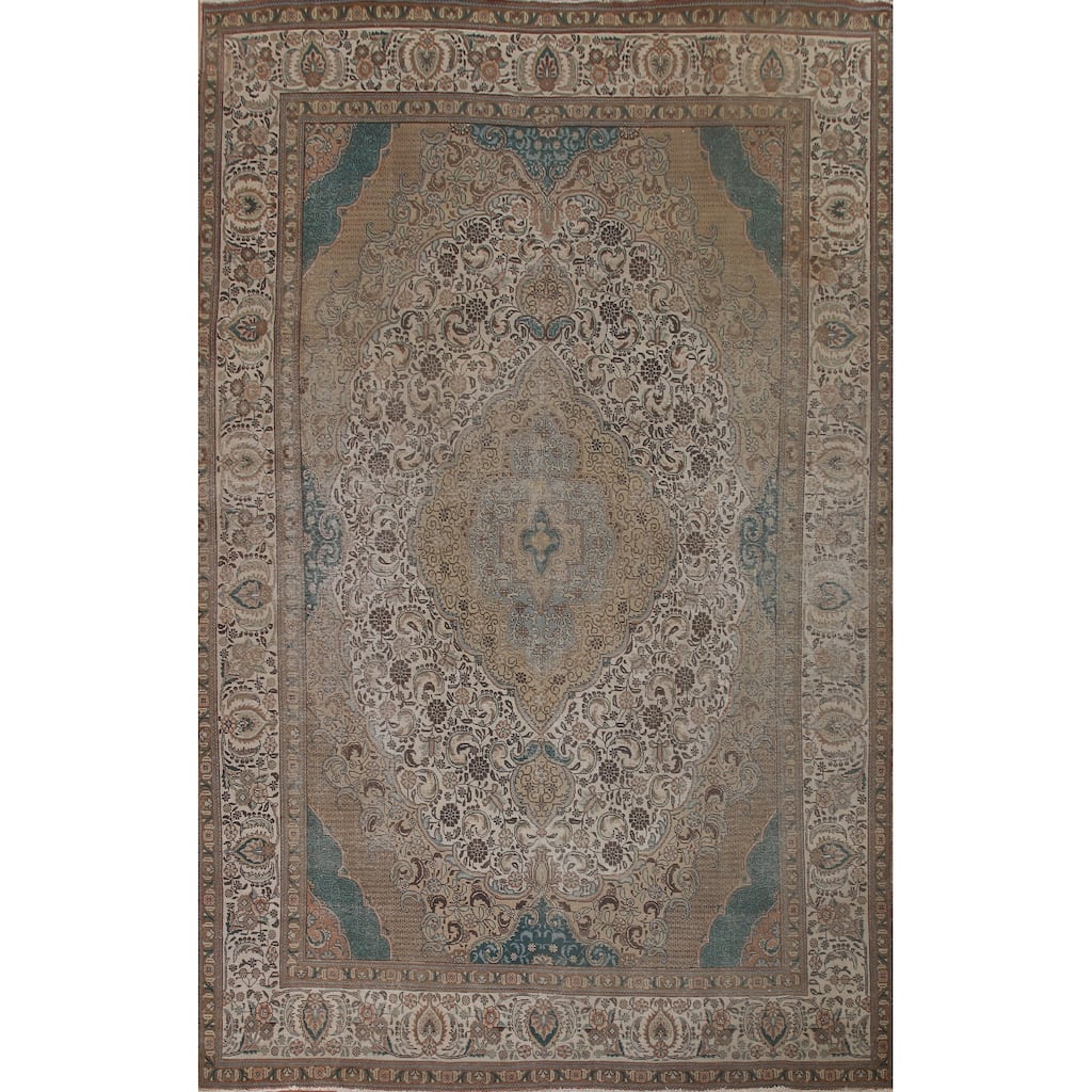Distressed Geometric Tabriz Persian Antique Rug Handmade Wool Carpet - 9'8" x 13'5"