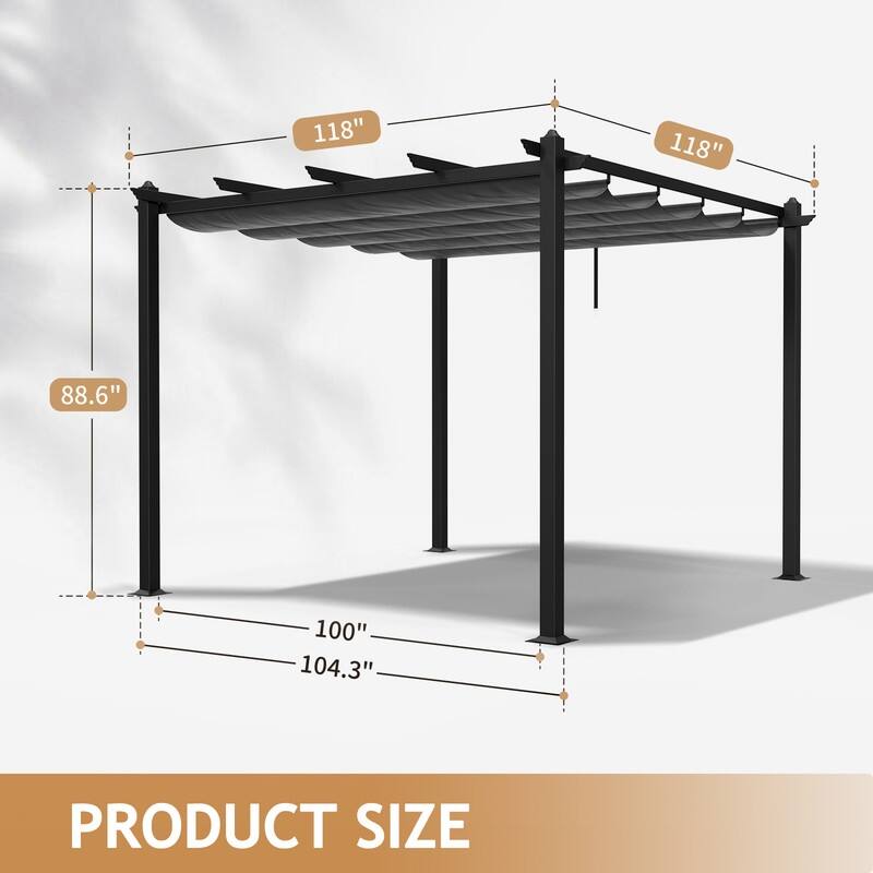 10x10 FT Dark Grey Metal Pergola with Adjustable Top Canopy