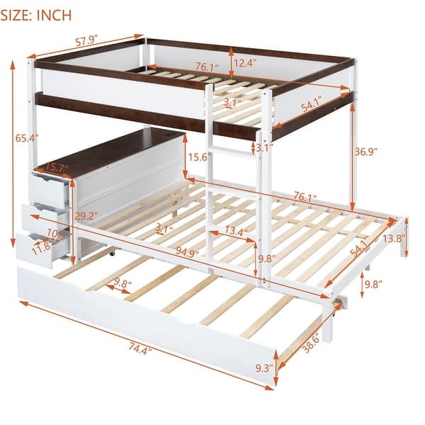 dimension image slide 4 of 6, Roomfitters Twin/Full Bunk Bed with Twin Trundle, Built-in Storage, Desk, Sturdy Wooden Frame, Functional and Space-Saving