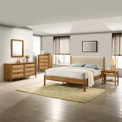 Vichy 5-Piece Rubberwood Bedroom Set with Textured Polyester Upholstered Queen Bed, Dresser, Mirror, Nightstand, and Chest