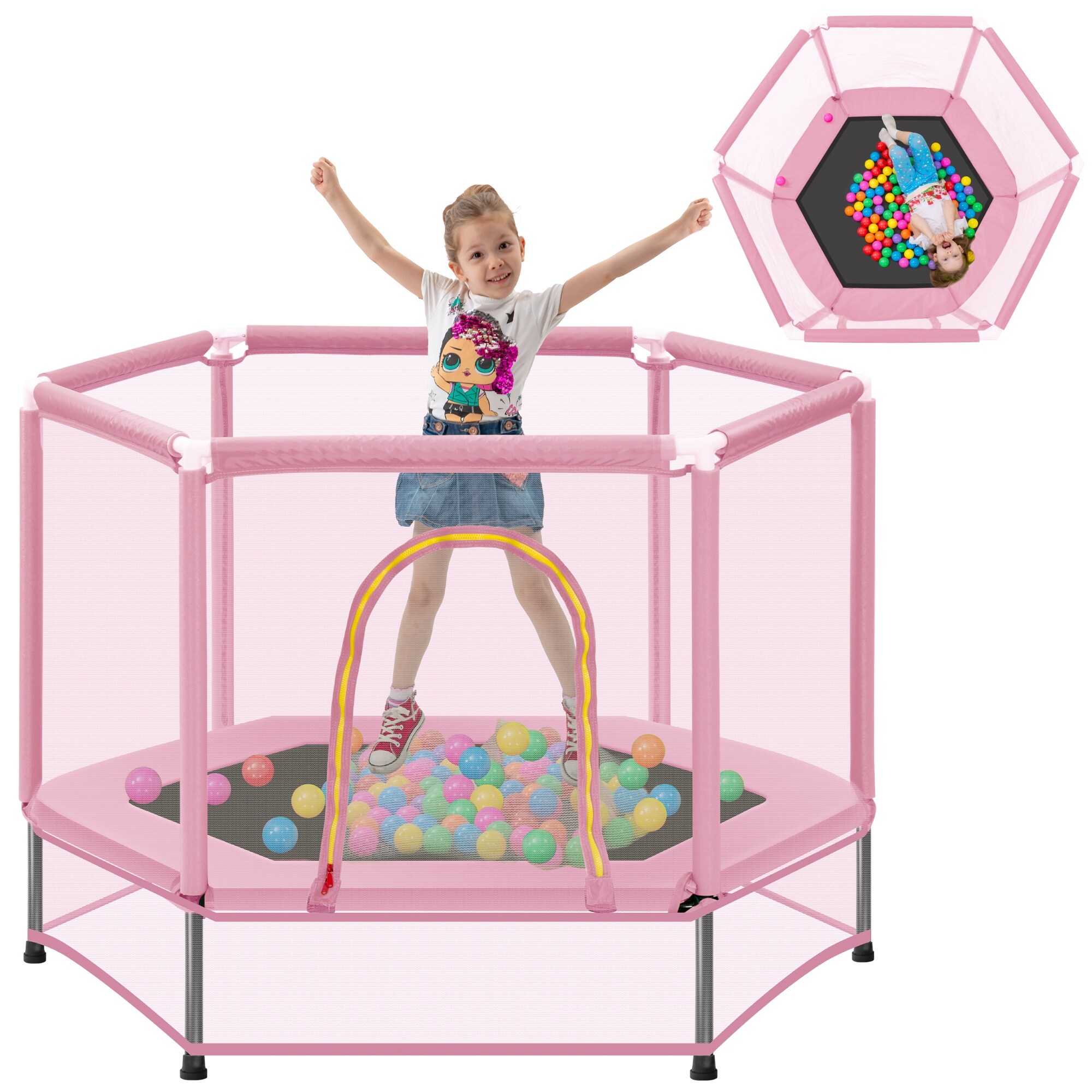 55 Toddlers Trampoline with Safety Enclosure Net and Balls Indoor Outdoor Mini Trampoline for Kids
