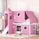 preview thumbnail 1 of 16, Twin Size Pine Wood Castle Bunk Bed with Slide, Tent, Tower, Guardrail Pink