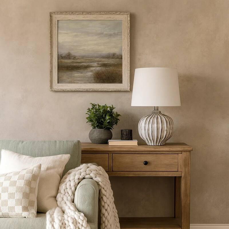 Riz Accent Table Lamp, 20 Inch Ceramic Glaze Gray Silver, White Linen