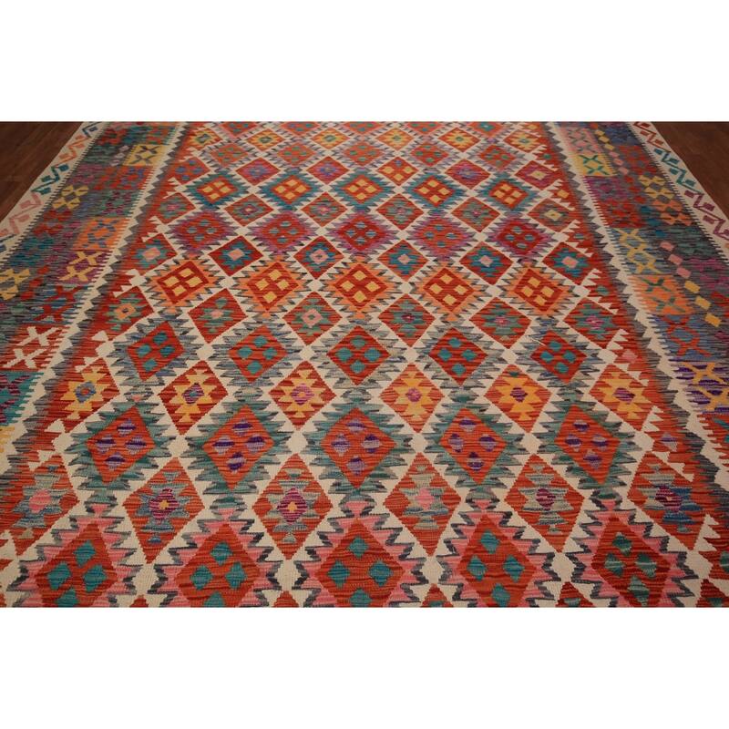 South Western Kilim Oriental Area Rug Flatweave Geometric Wool Carpet - 10'2" x 13'4"