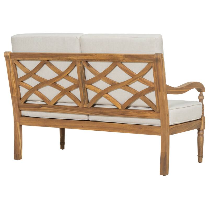 Roomfitters Outdoor Acacia Wood Loveseat Bench with Waterproof Cushions, Lattice Back Patio Sofa, Natural and Beige