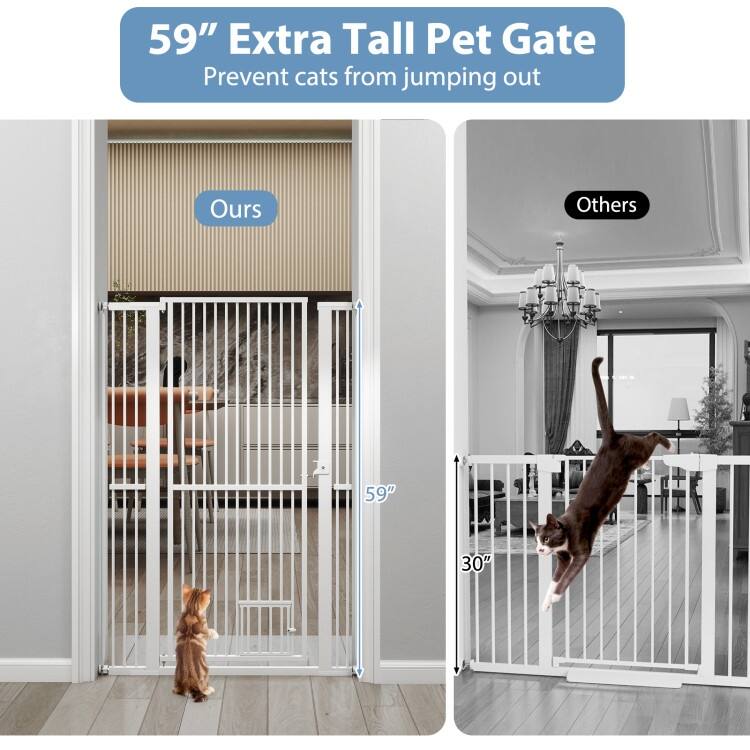 White Galvanized Metal Extra-Tall Adjustable Pet Gate with Safety Lock and Small Door