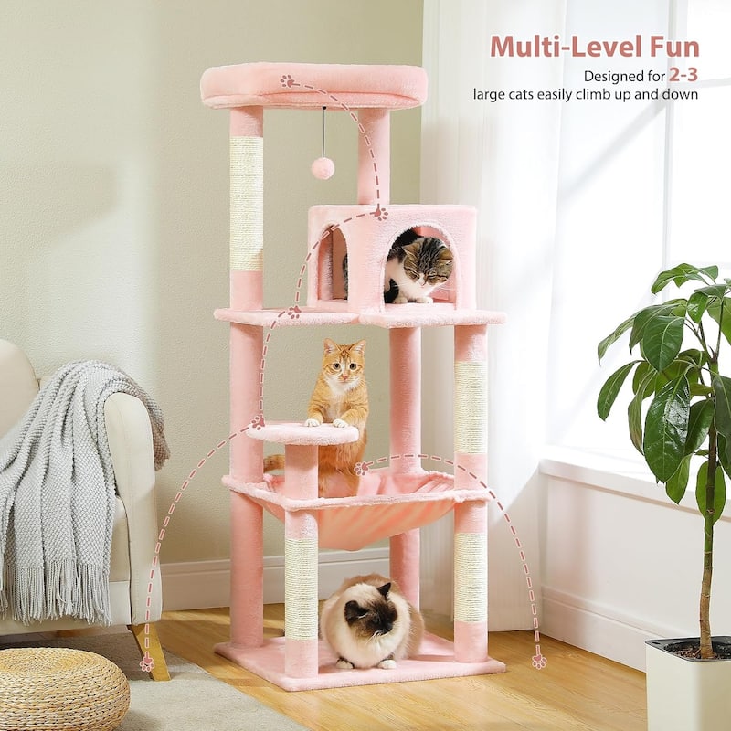 Indoor Multi-Level Tall Cat Tower with Hammock, Scratching Posts, Condo and Top Perch - Light Pink