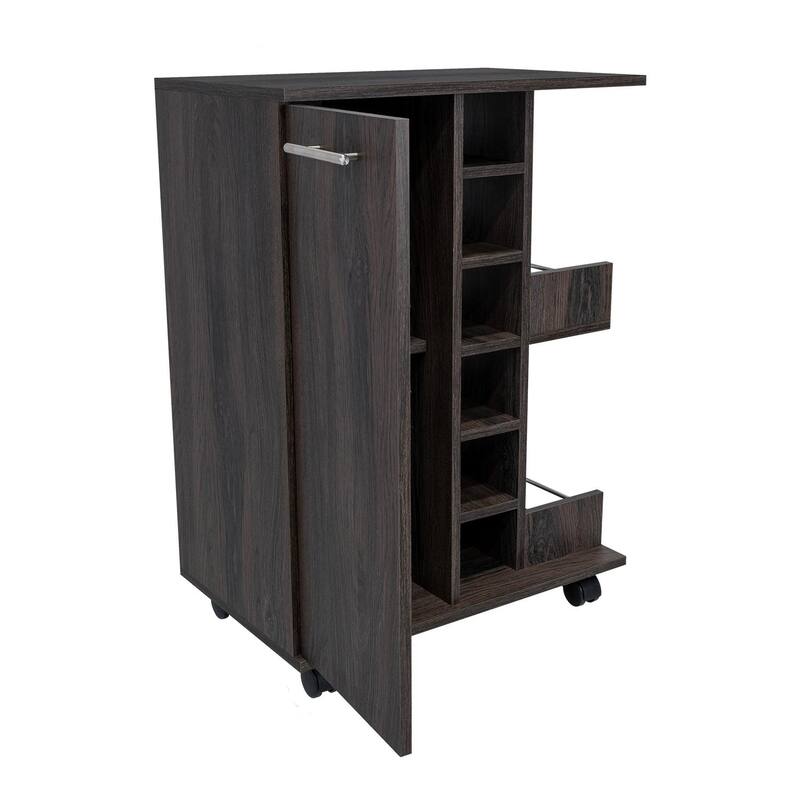 Bar Cart, Two External Shelves, Four Casters, Six Built-in Wine Rack, Single Door Cabinet -Espresso