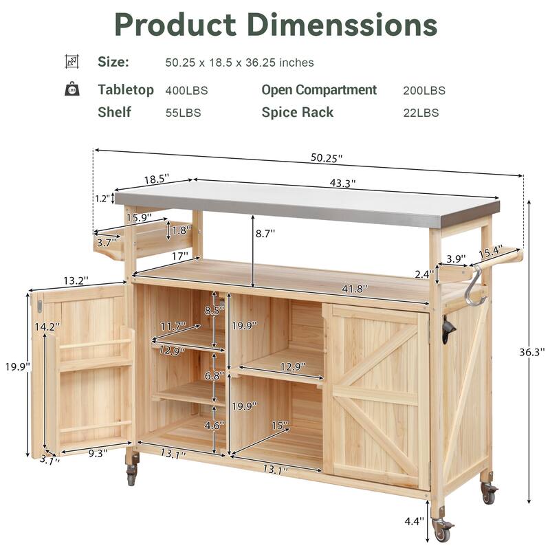 Kitchen Island, Rolling Bar Cart & Storage Cabinet, Farmhouse Solid Wood Outdoor Grill Table