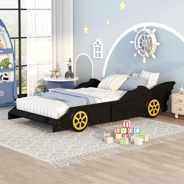 slide 2 of 6, Kids Race Car-Shaped Twin Size Platform Bed with Wheels Black