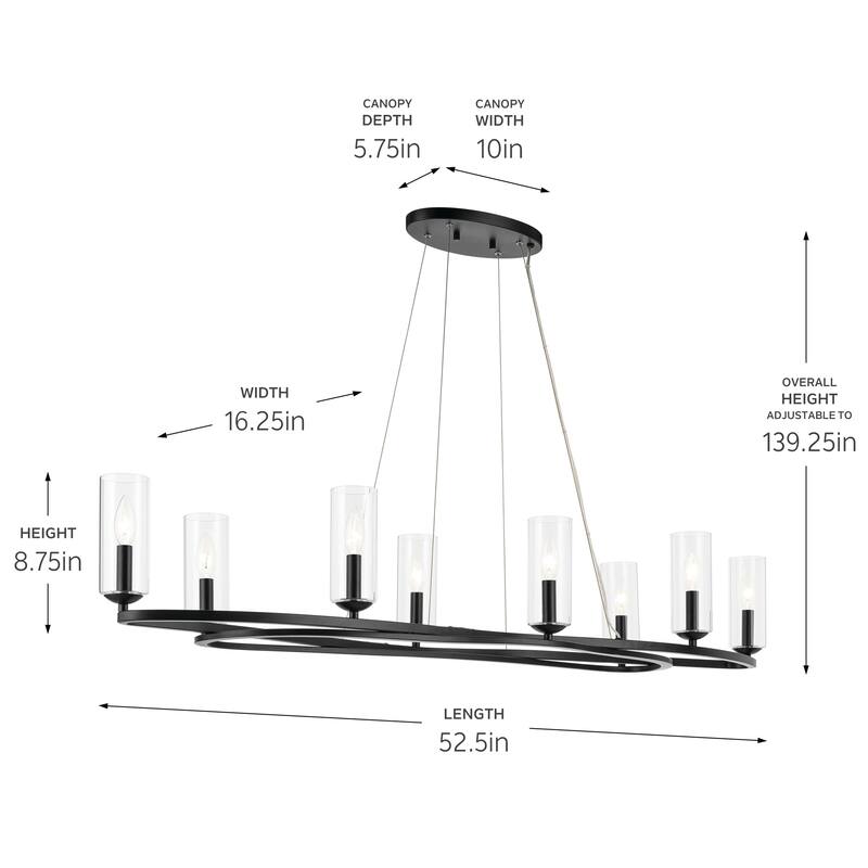 Harpin 52.5 Inch 8 Light Linear Chandelier with Clear Glass in Black