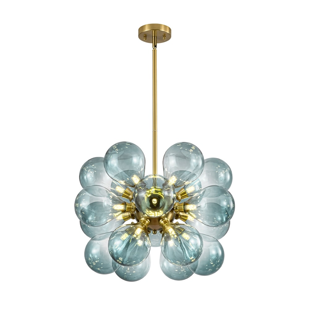18-Light Antique Brass Chandelier with Ombre Blue Bubble Glass Shades - 25.6-inch