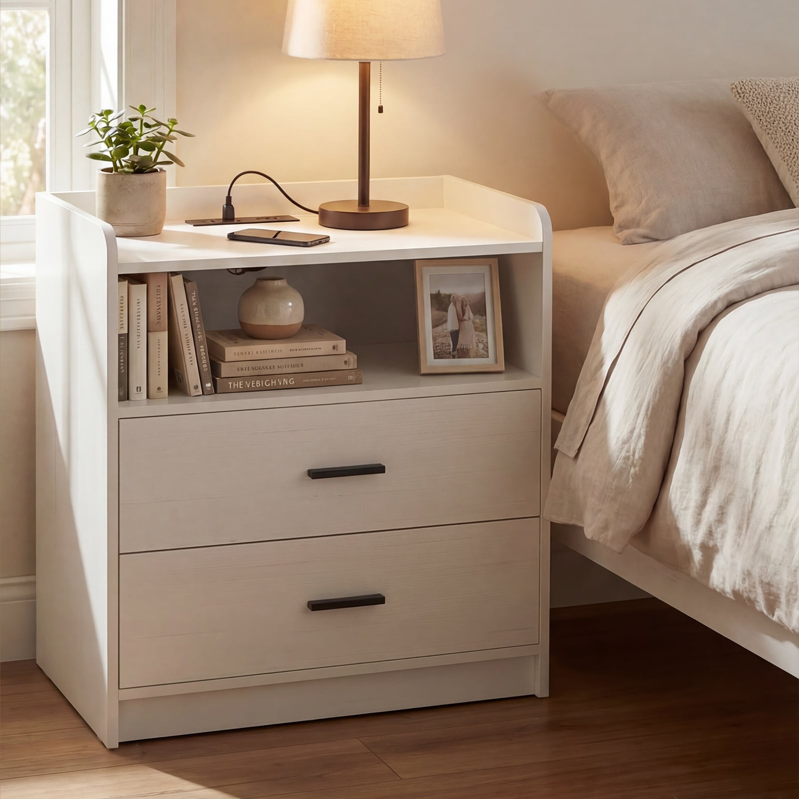2-Drawer Nightstand with Wood Drawers and Charging Station, Sofa Side End Table with Open Storage Cubby