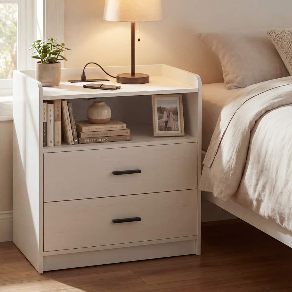 2-Drawer Nightstand with Wood Drawers and Charging Station, Sofa Side End Table with Open Storage Cubby