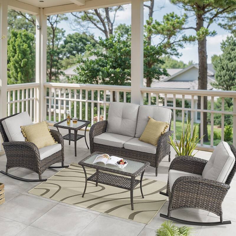 Outdoor Rocking Chair Table with Loveseat - Brown - Beige