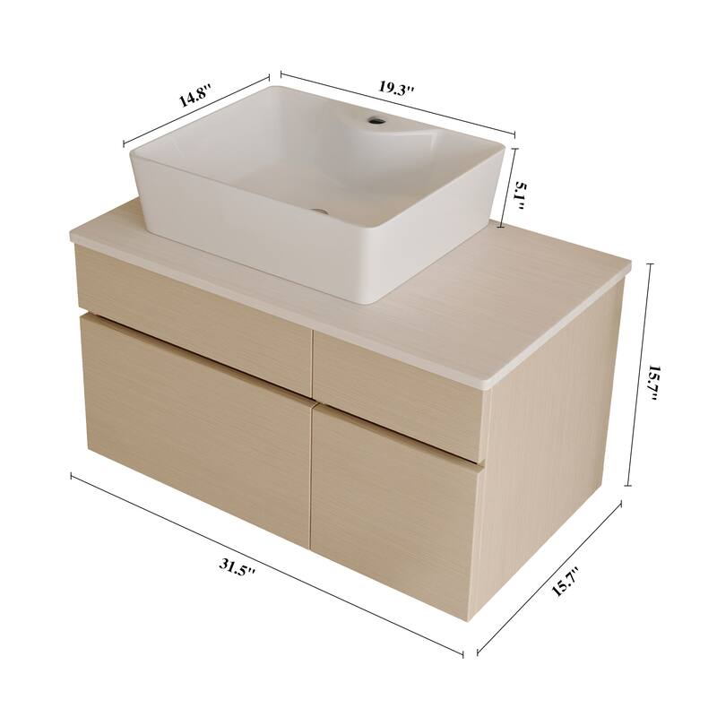 31.5" Floating Bathroom Vanity with Vessel Ceramic Sink Soft Close Drawer and Cabinet Storage