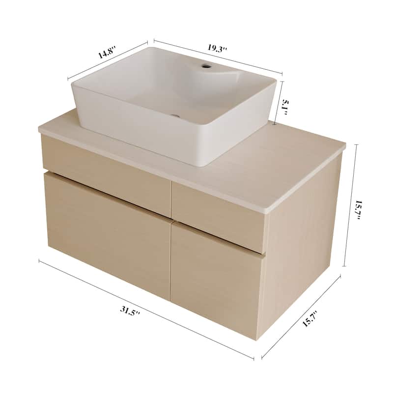 Floating Single Small Bathroom Vanity with Integrated Vessel Ceramic Sink and Multi-layer Storage Solid Wood Cabinet