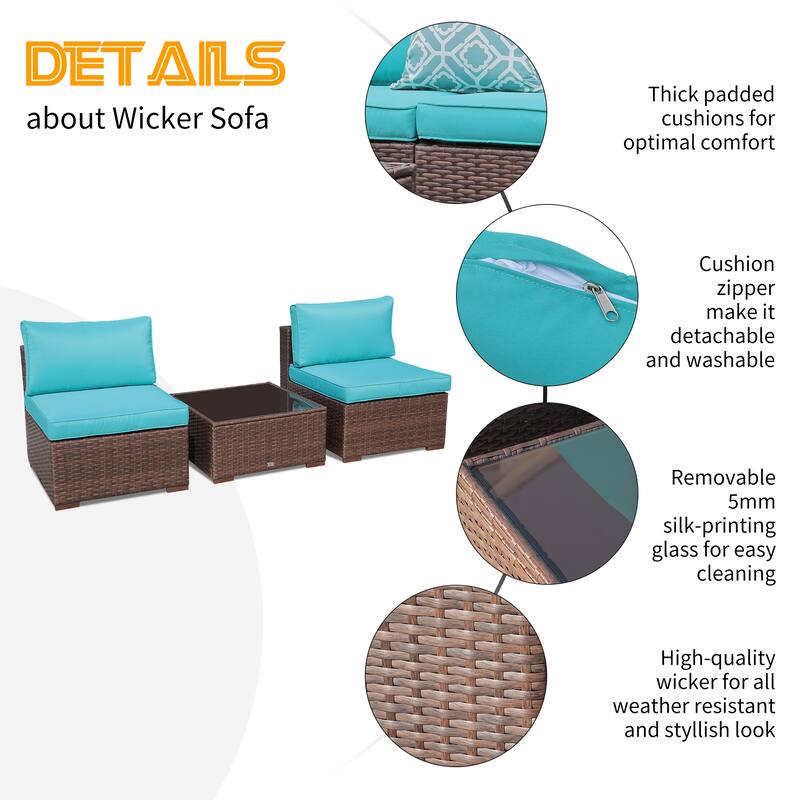 3-Piece Patio Modular Sofa Wicker Armless Chairs with Coffee Table