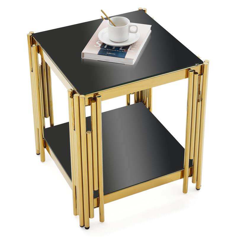 20" Wide Square End Table with Black Glass Top, Golden Stainless Steel Tempered Glass End Table for Living Room&Bed Room
