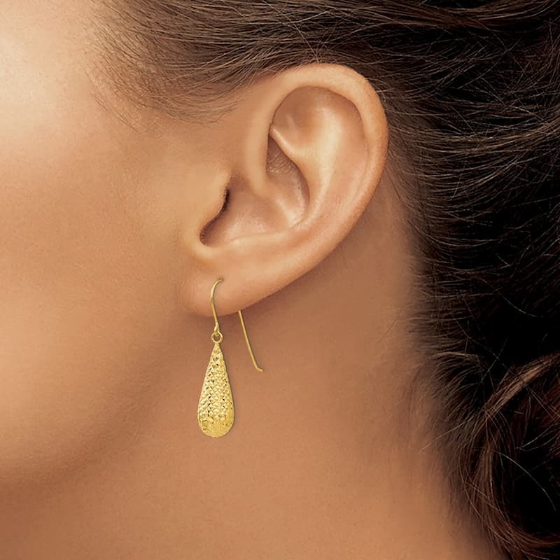 Curata 14k Yellow Gold 29x8mm Sparkle Cut Puff Tear Drop Dangle Hook Earrings