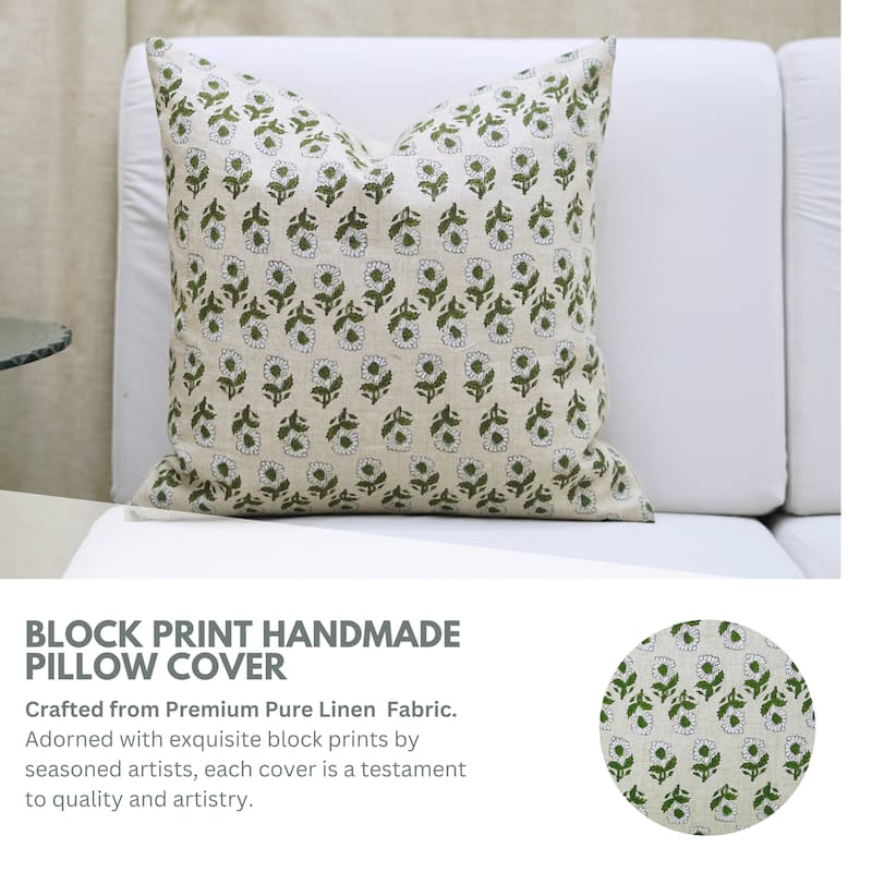Fabdivine Soft Pure Linen Boho Floral Handmade White Cushion Cover 24x24 Inch Rustic Farmhouse Bed or Couch Décor, Ashok