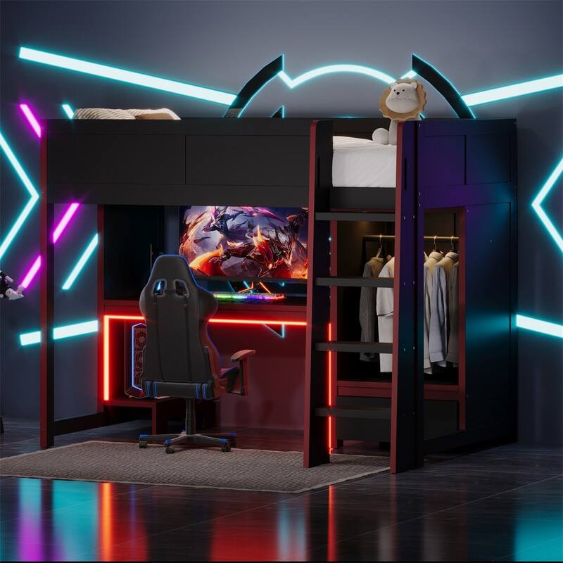 Solid Wood Gaming Loft Bed with Bulit-in Desk and Wardrobe, Twin/Full Size Loft Bedframe with LED Light and 1 Storage Drawer - Twin