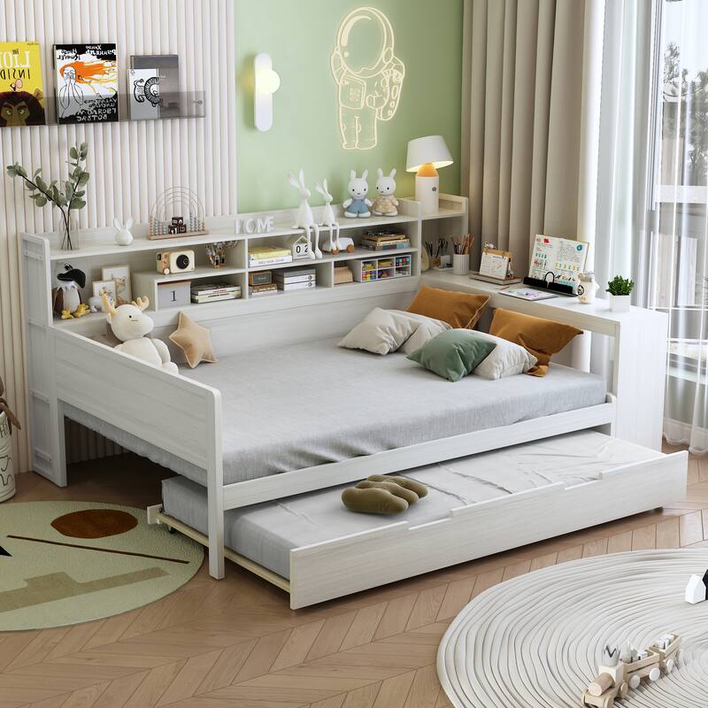 Wooden Full Size Daybed with Twin Trundle and Study Desk, Multi-functional Design with Storage Shelves, Bedroom Furniture