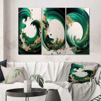 Designart "Emerald Green And Gold Abstract Waves I" Modern Spiral Wall Decor Set of 3 Pieces