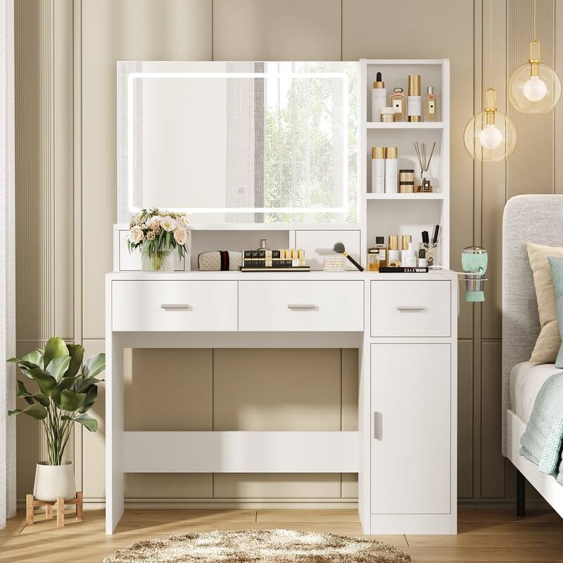 White Makeup Vanity with Lights, Drawers, Storage Cabinet and Smart Mirror for Bedroom