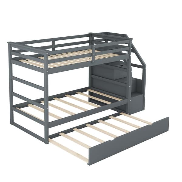 slide 2 of 12, Multifunctional Twin Over Twin Wooden Bunk Bed with Twin Size Trundle and Staircase Gray