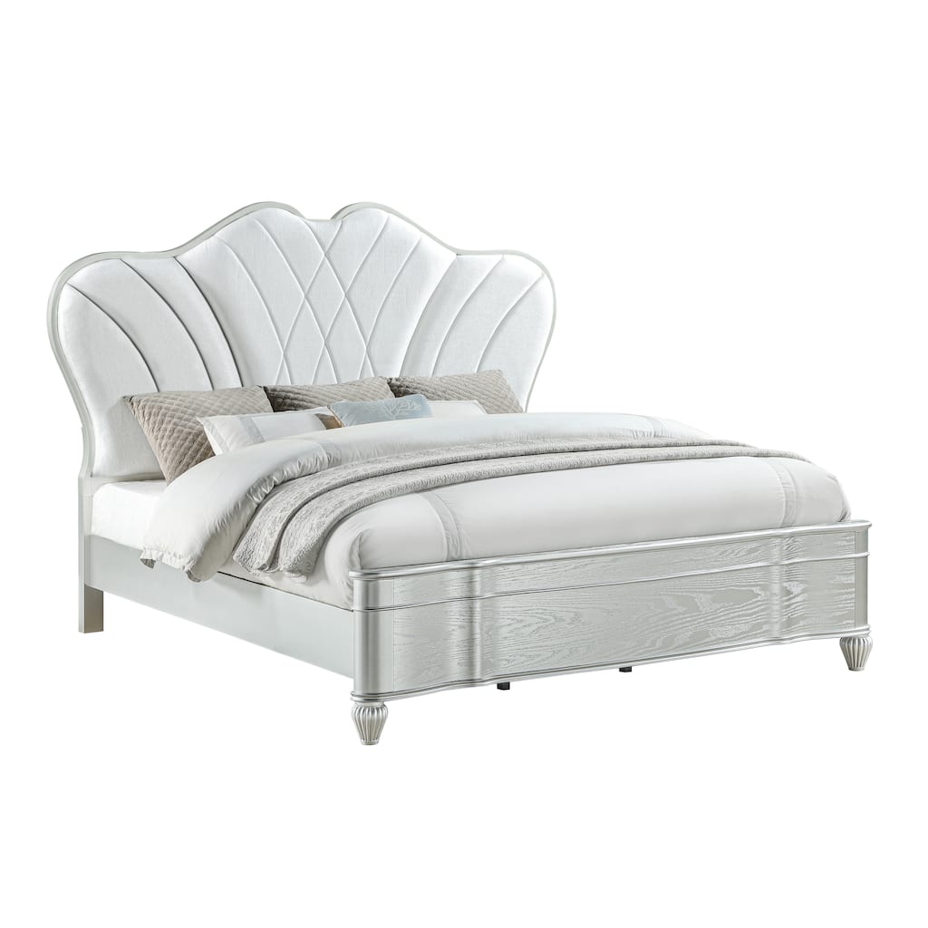 Eros King / Queen Bed with Upholstered Headboard & Tufted Detailing in Silver