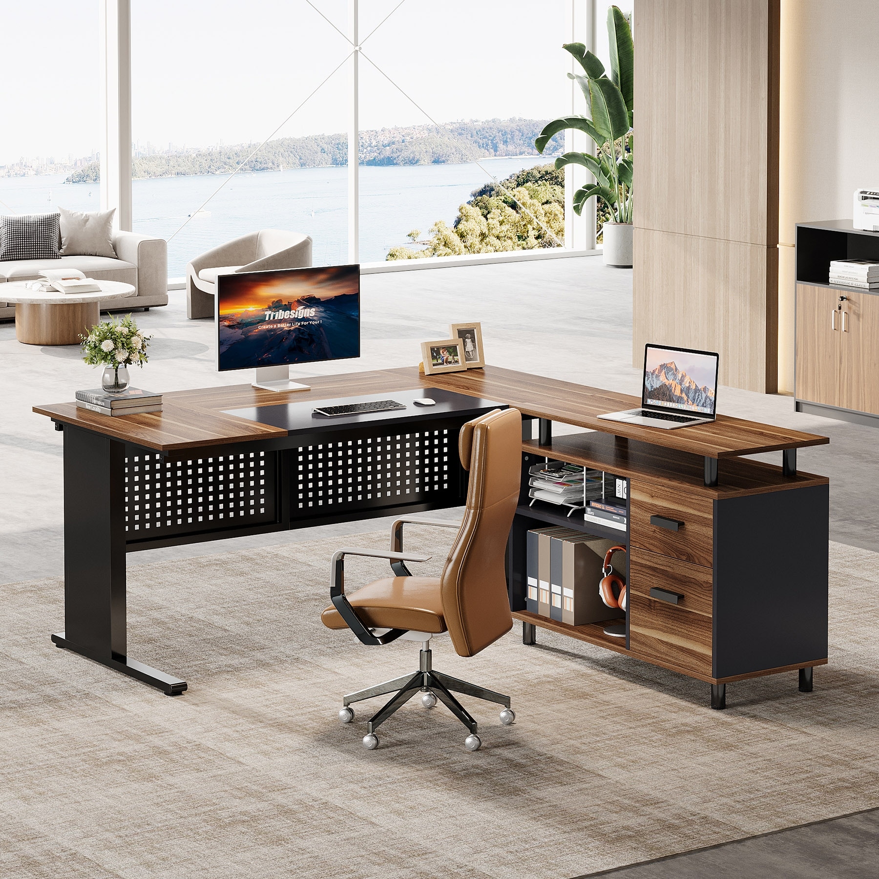 63-Inch L-Shaped Executive Desk with Storage Shelves - On Sale